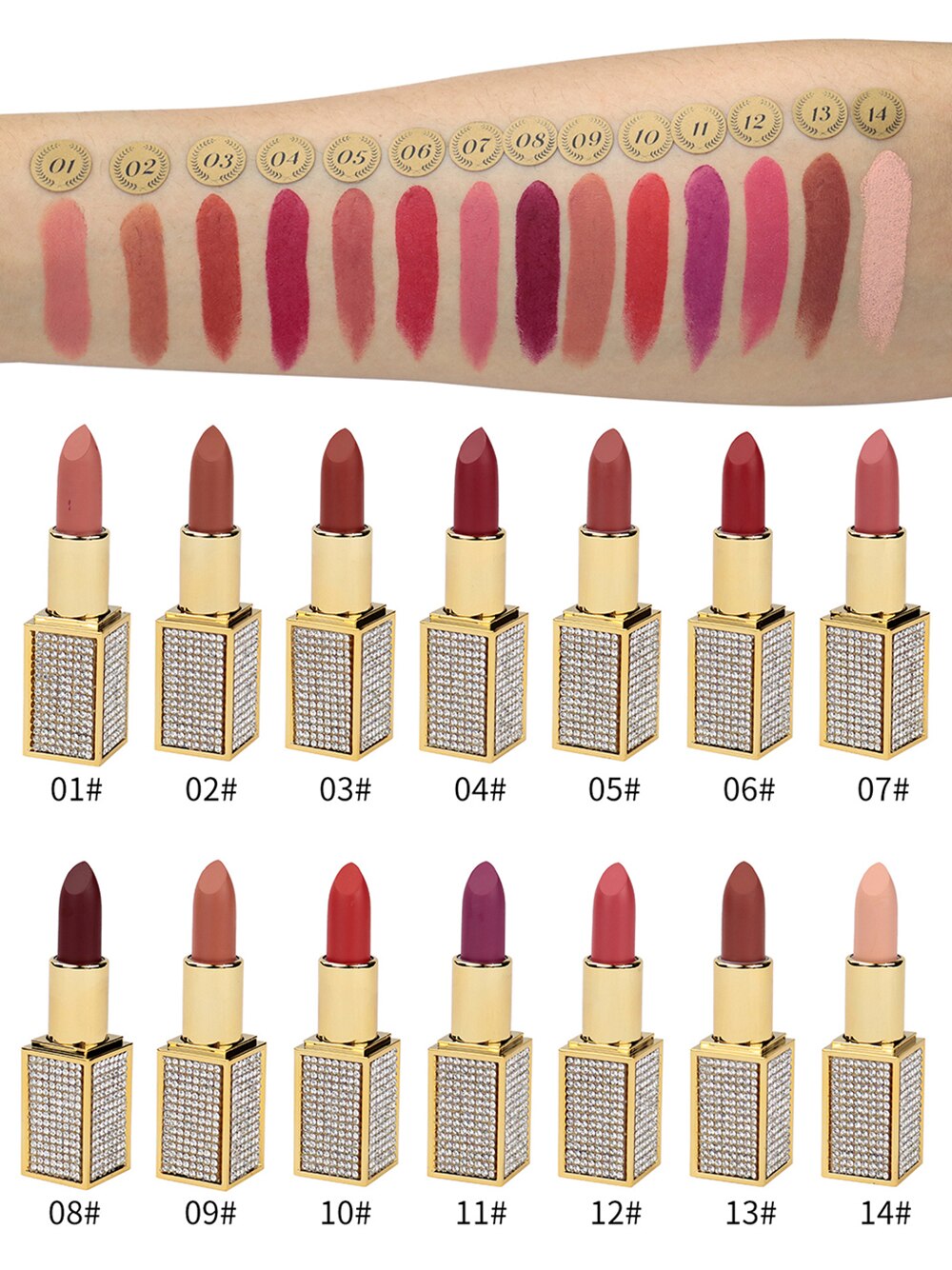 10 Piece Diamond Tube Private Label Matte Lipstick Waterproof Long Lasting Lip Makeup Customization Cosmetics Nude Lipstick