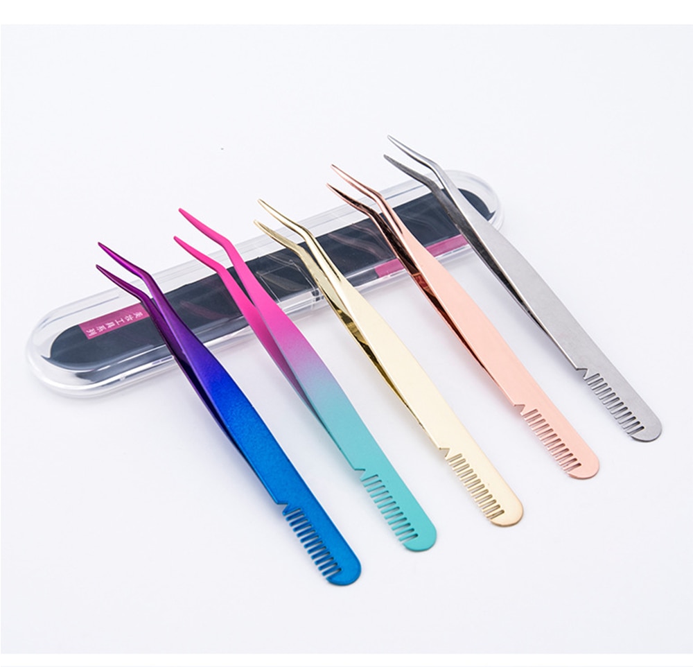 New 1PC Curved Eyelash Tweezers 3D Volume Eyelash Extension Tweezer with Brush Stainless Steel Professional Tweezer Makeup Tool